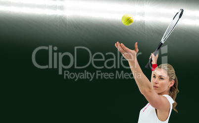 Composite image of athlete holding a tennis racquet ready to ser