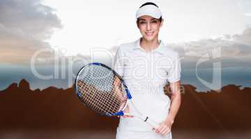 Composite image of female athlete posing with tennis racket