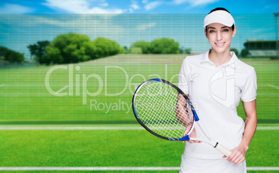 Composite image of female athlete posing with tennis racket