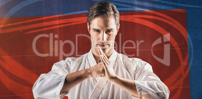 Composite image of portrait of fighter performing hand salute