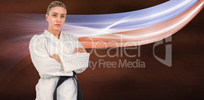 Composite image of female athlete posing in kimono