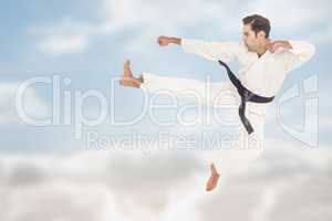 Composite image of fighter performing karate stance