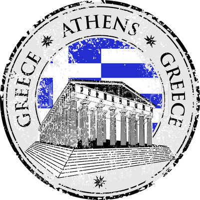 Blue grunge rubber stamp with the Parthenon shape from Greece and the name Greece written inside the stamp