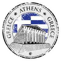 Blue grunge rubber stamp with the Parthenon shape from Greece and the name Greece written inside the stamp