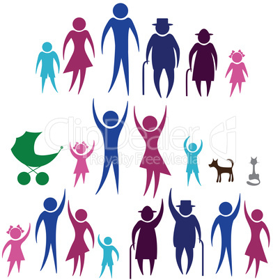 Protection people silhouette family icon. Person vector woman, man. Child, granfather, grandmother, dog, cat, babby buggy, carriage. Home illustration.