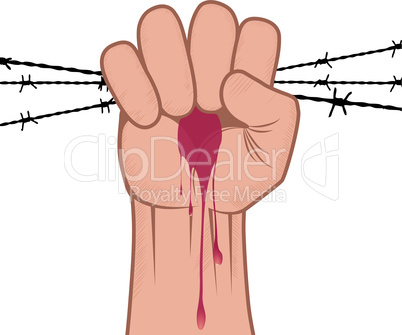Clenched fist hand in blood with barbed wire vector. Victory, revolt concept. Revolution, solidarity, punch, strong, strike, change illustration. Element for design.