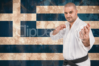 Composite image of fighter performing karate stance