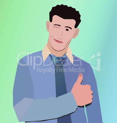 Happy businessman winks and hand with thumb up
