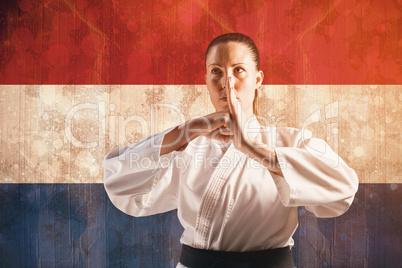 Composite image of female fighter performing hand salute