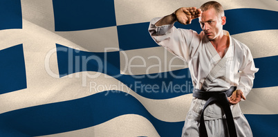 Composite image of fighter performing karate stance