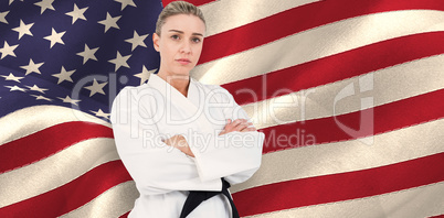 Composite image of female athlete posing in kimono