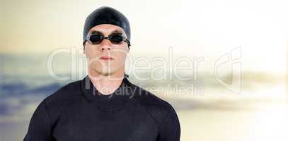 Composite image of close-up of confident swimmer in wetsuit