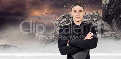 Composite image of portrait of swimmer in wetsuit