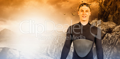 Composite image of portrait of swimmer in wetsuit