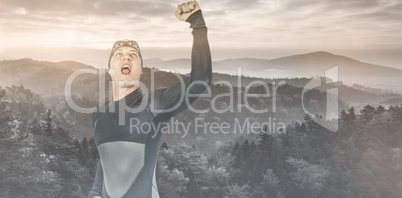 Composite image of swimmer posing after victory