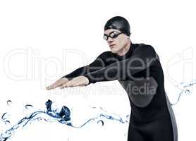 Composite image of swimmer in wetsuit while diving