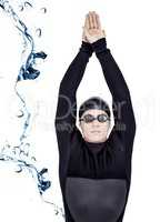 Composite image of swimmer in wetsuit while diving
