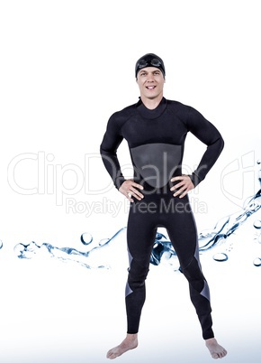 Composite image of portrait of confident swimmer in wetsuit