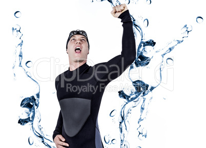 Composite image of swimmer posing after victory