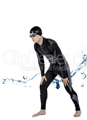 Composite image of swimmer in wetsuit and swimming goggles