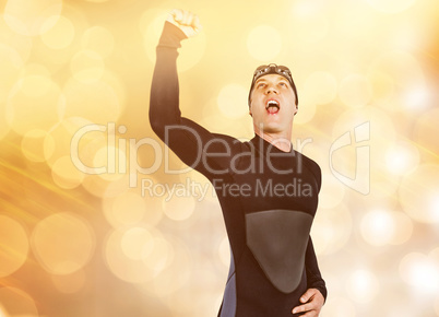 Composite image of swimmer posing after victory