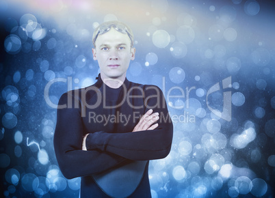 Composite image of portrait of swimmer in wetsuit