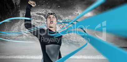Composite image of swimmer posing after victory