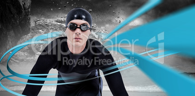 Composite image of confident swimmer in wetsuit