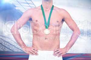 Composite image of athlete posing with gold medal on white backg