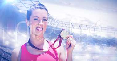 Composite image of portrait of sportswoman is smiling and showin