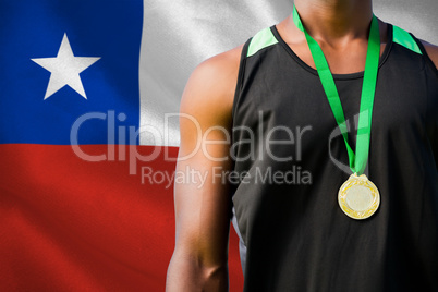 Composite image of portrait of sportsman chest with a medal