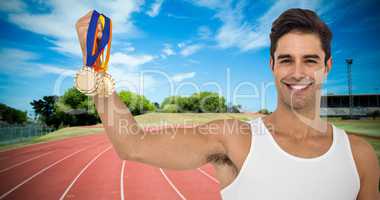 Composite image of athlete posing with gold medals on white back