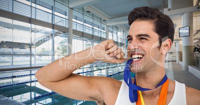 Composite image of athlete posing with gold medals around his ne