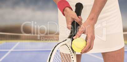 Composite image of athlete holding a tennis racquet ready to ser