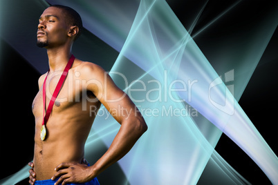 Composite image of athletic man posing with his gold medal