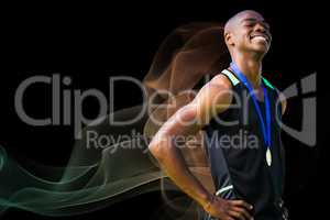 Composite image of athlete man enjoying with his medal