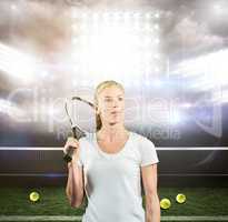Composite image of female tennis player posing with racket