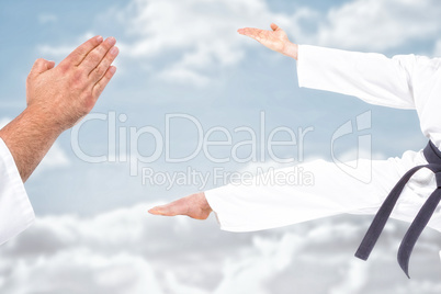Composite image of close-up of karate fighter making hand gestur