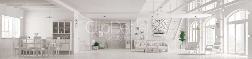 Modern white  loft apartment interior panorama 3d render