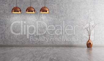 Copper lamps over concrete wall interior background 3d rendering