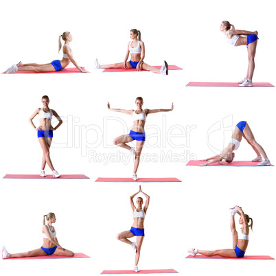 Pilates. Photo mix of blonde training on mat