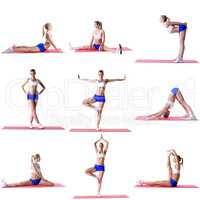 Pilates. Photo mix of blonde training on mat