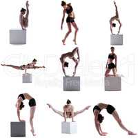 Gymnastics. Set of flexible girl posing on cube
