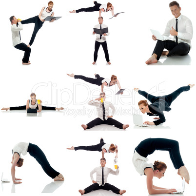 Multitasking. Set of acrobats doing yoga in studio