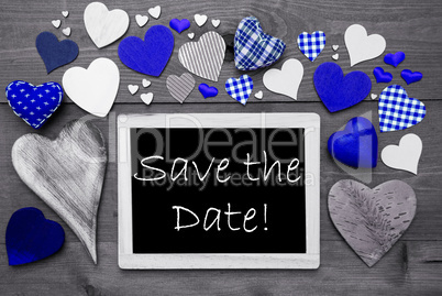 Chalkbord With Many Blue Hearts, Save The Date