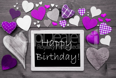 Chalkbord With Many Purple Hearts, Happy Birthday