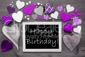 Chalkbord With Many Purple Hearts, Happy Birthday