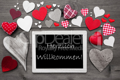 Chalkbord With Many Red Hearts, Willkommen Means Welcome