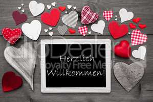 Chalkbord With Many Red Hearts, Willkommen Means Welcome