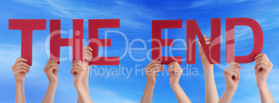 People Hands Holding Red Straight Word The End Blue Sky
